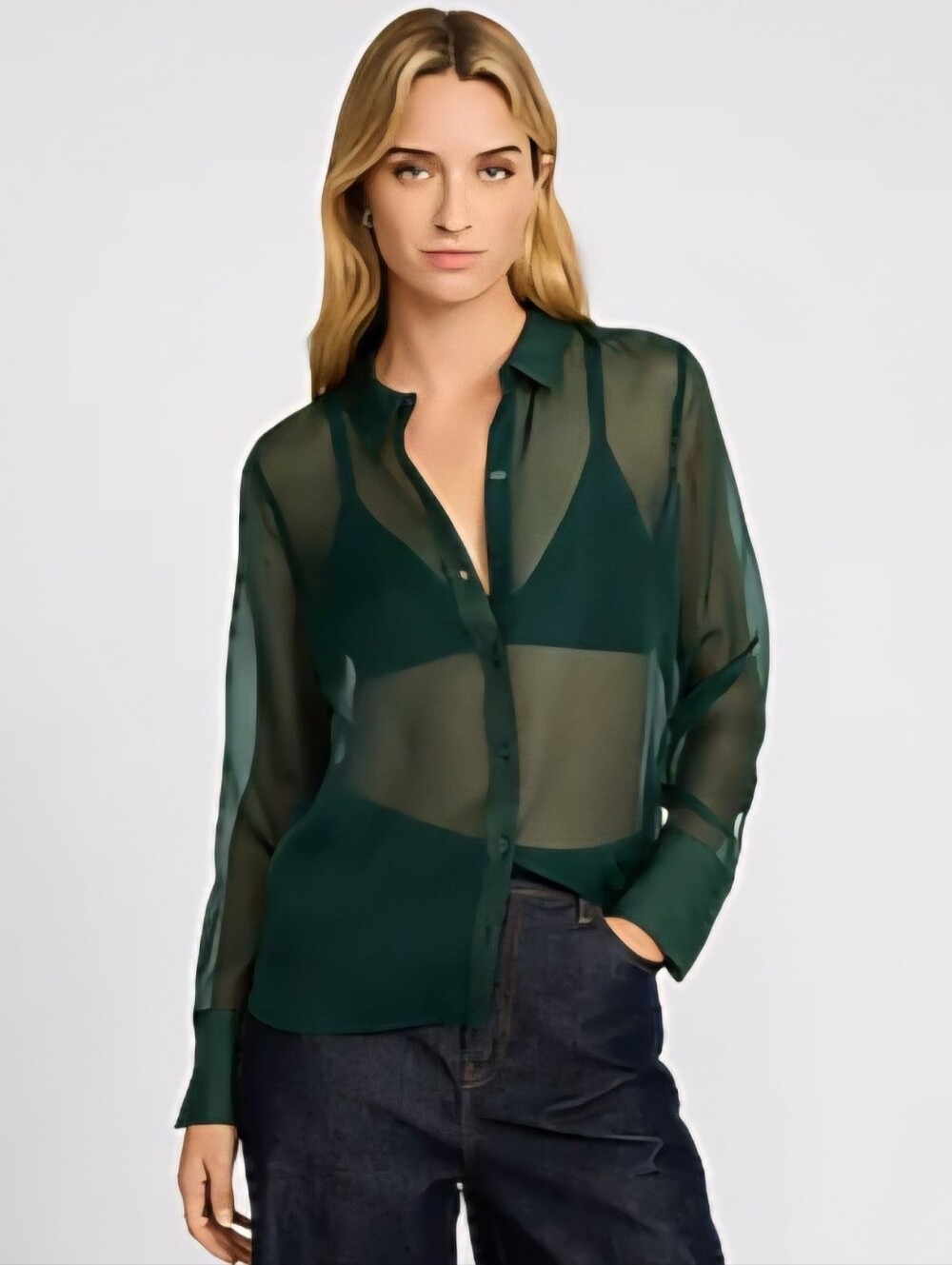 Express Sheer Crepe Portofino Shirt Emerald Green Button-Down Blouse